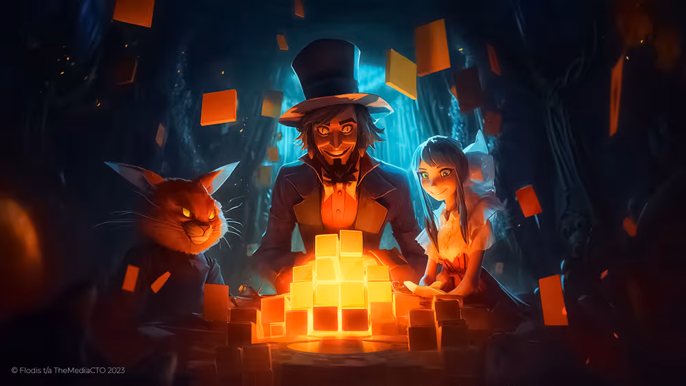 Alice, The Cheshire Cat and the Mad Hatter playing with digital cubes.