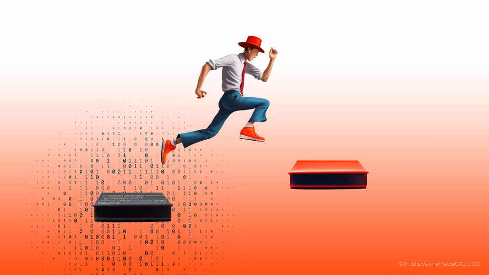 Drawing of a man jumping from one platform to another.