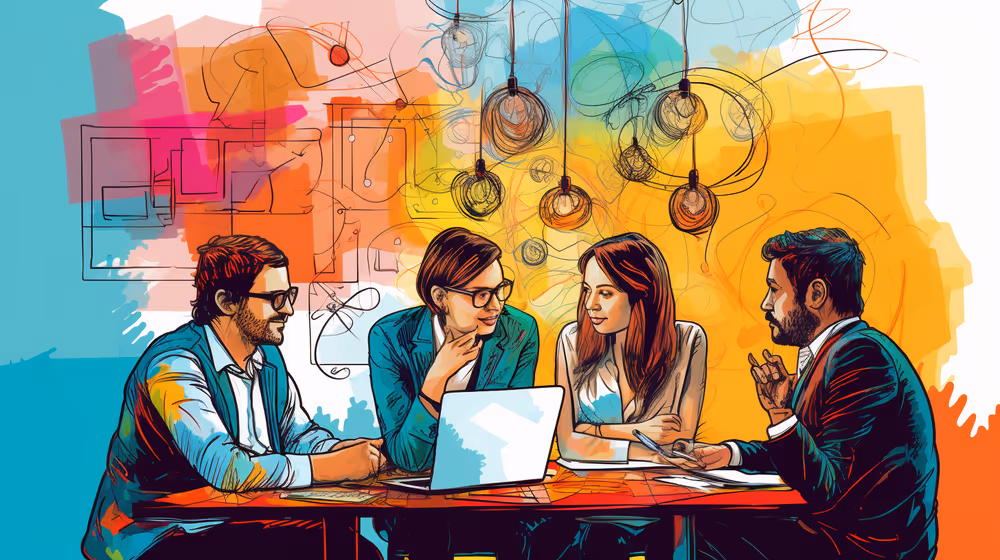 Four people brainstorming ideas.