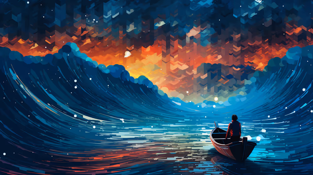 A person on a boat facing towering waves.
