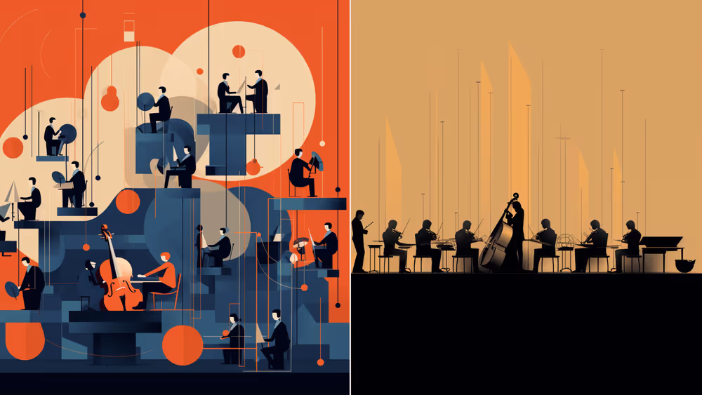 Two images of an orchestra, one chaotic and the other symphonic.
