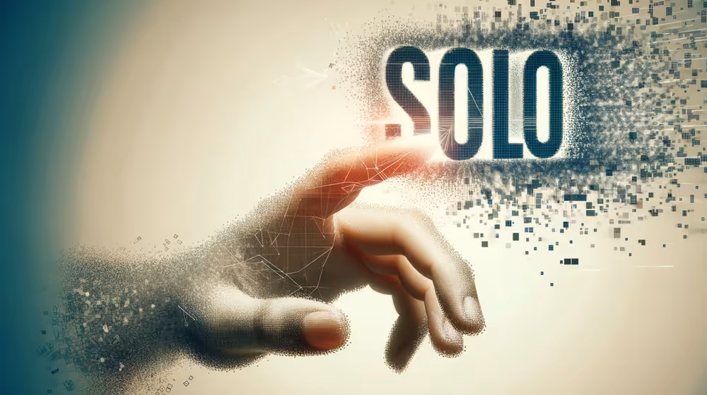 A hand interacting with a digital word 'Solo' that is disintegrating into pixels and data points, illustrating the concept of single-word hyperlinking in a digital context.