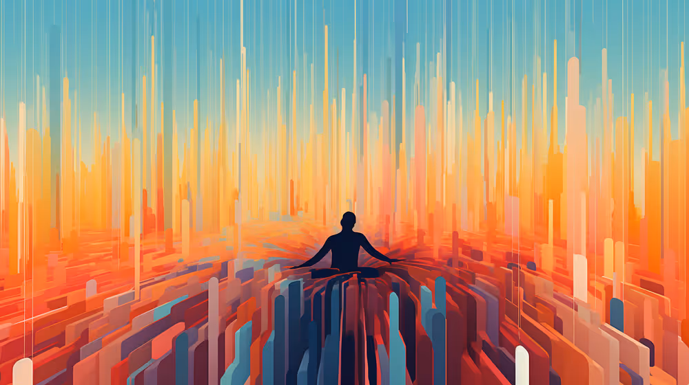 A person swimming in abstract data visualisations.