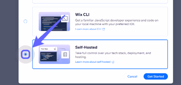 Interface showing Wix CLI and Self-Hosted options, each with descriptions. A purple arrow points to the Self-Hosted option. Background is blue.