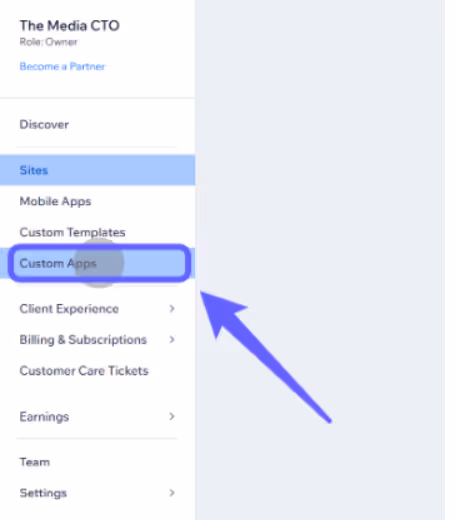 Sidebar menu with items like Sites, Mobile Apps, and Custom Apps is highlighted by a blue arrow. The Media CTO role is visible at the top.