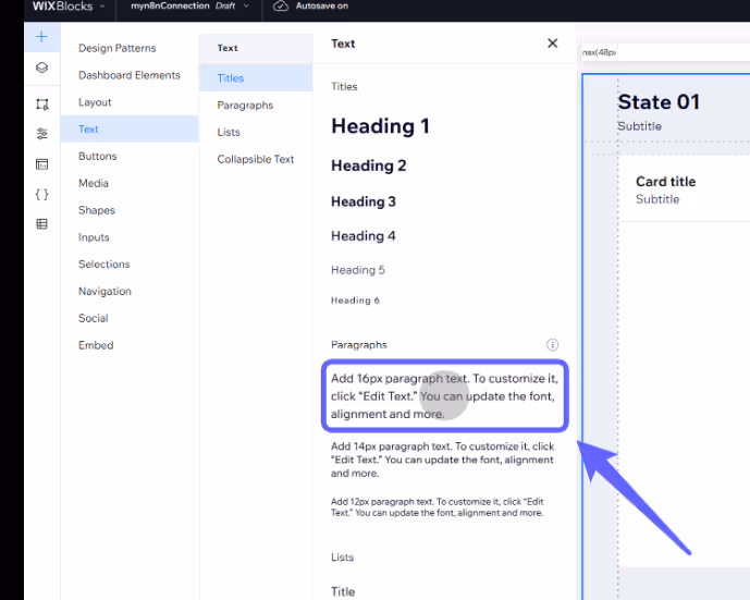 WIXBlocks text editor showing font options for Heading 1-6. Blue arrow highlights paragraph customization instructions. Draft status active.