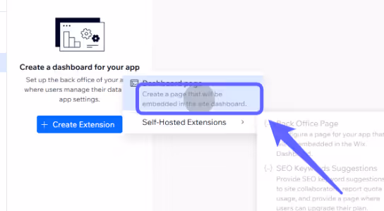 Interface with a menu for creating app extensions, highlighting