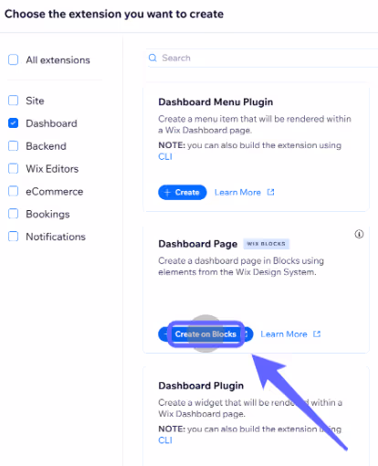 Wix dashboard interface with options for creating extensions. A blue arrow points to