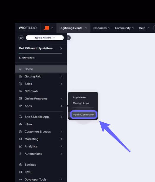 WIX Studio dashboard with a sidebar menu. An arrow points to