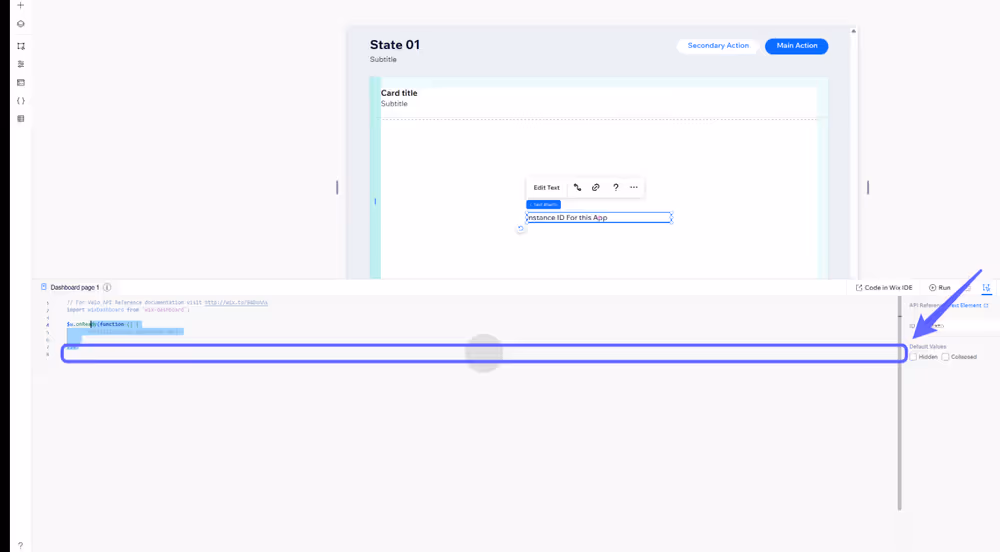 Dashboard interface in Wix IDE, showing code snippet and a highlighted box with