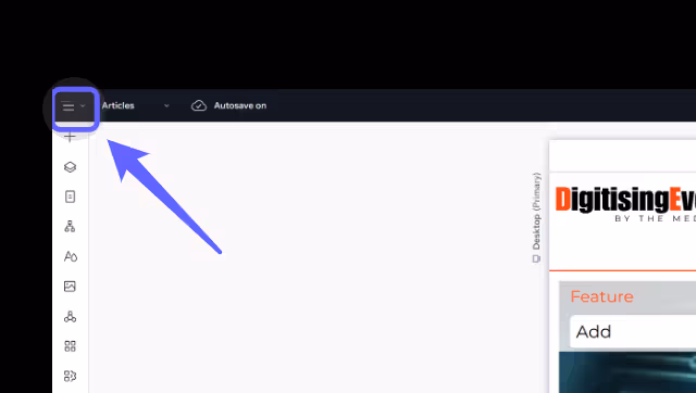 Menu icon highlighted with a blue arrow on a digital interface. Text includes