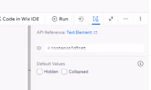 Wix IDE interface showing options for running code. Text element API reference with ID #instanceIdText. Checkboxes for Hidden and Collapsed.