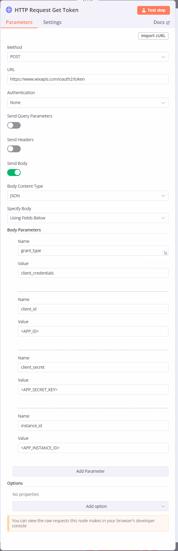 HTTP request form for token retrieval. POST method to URL with JSON body parameters: grant_type, client_id, client_secret, instance_id.