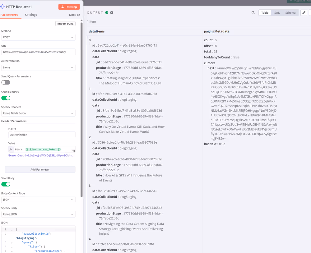 HTTP request setup on left with method, URL, and headers. JSON response on right showing data items with IDs, titles, and production stages.