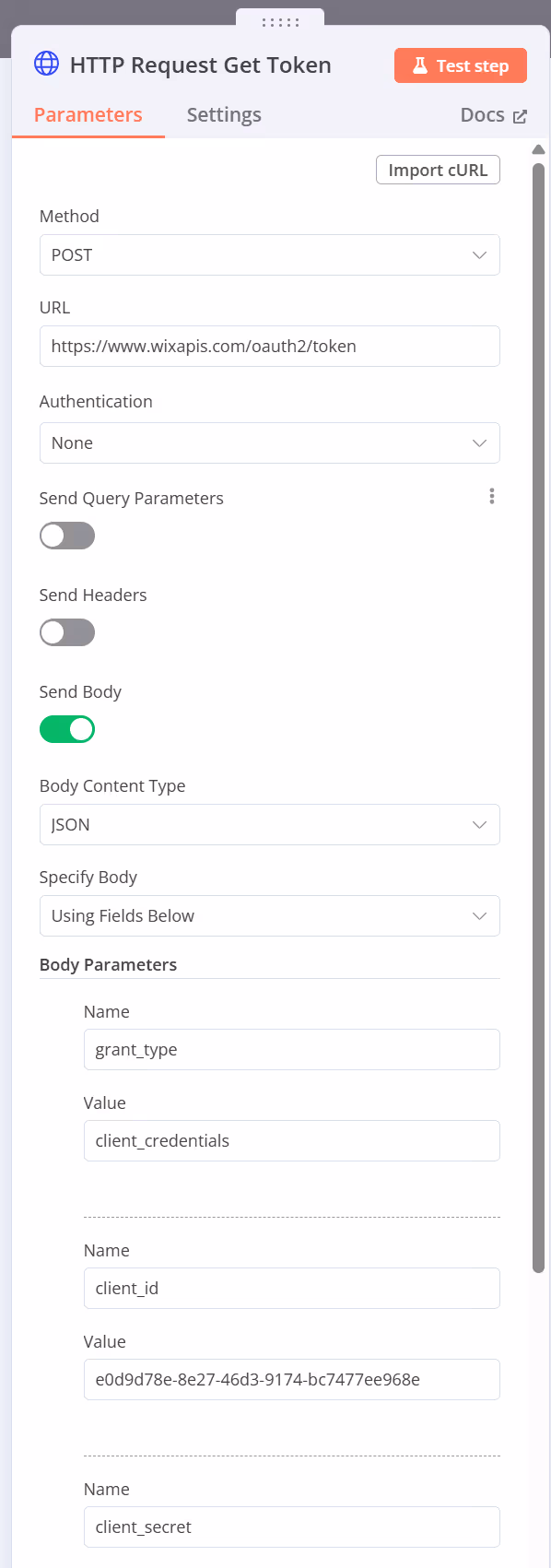 n8n interface for an HTTP POST request to get a token. Fields include URL, body parameters, and authentication settings.