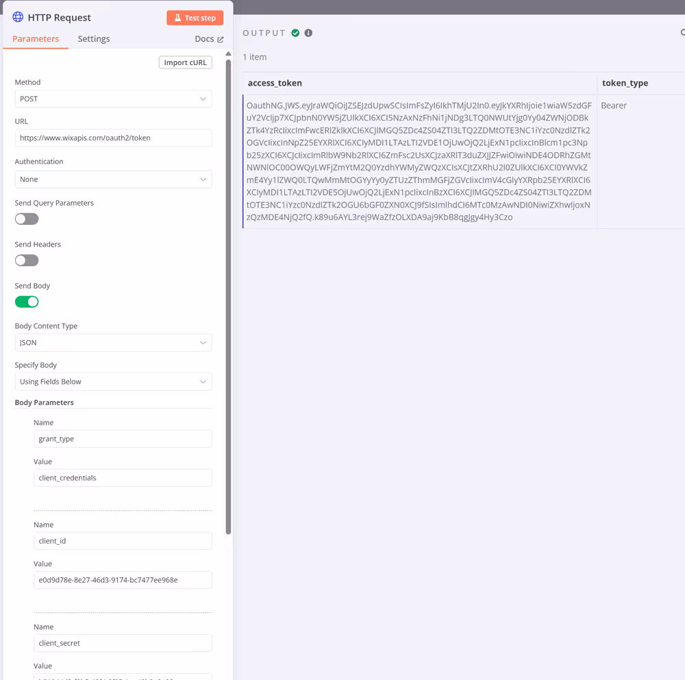 HTTP request configuration screen showing method POST, URL for token, JSON body parameters for grant_type, client_id, and client_secret.