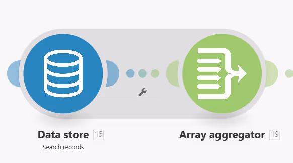 Blue data store icon and green array aggregator icon connected by dots on gray background. Text: Data store, Array aggregator.