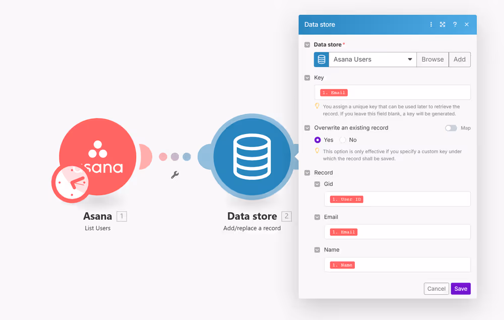 Red Asana icon and blue database icon connected by dotted line. Sidebar shows 