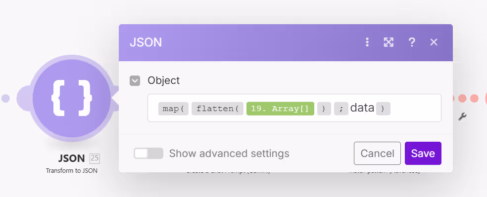 Purple JSON configuration window with code snippet 