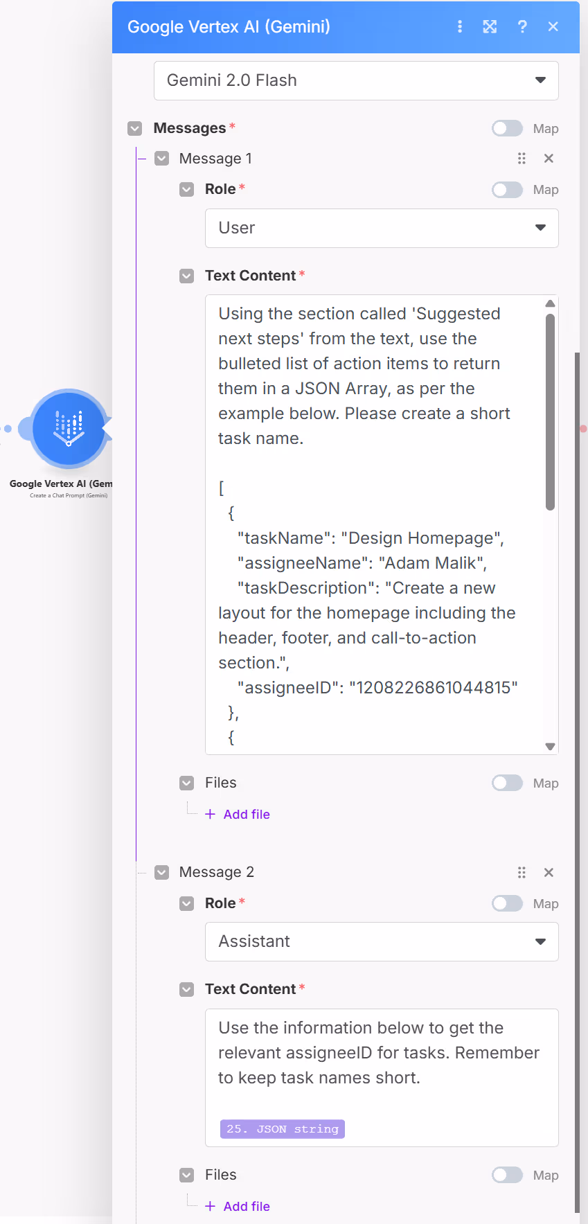 Interface of Google Gemini AI showing a task setup with JSON instructions for creating short task names and fetching assignee IDs.