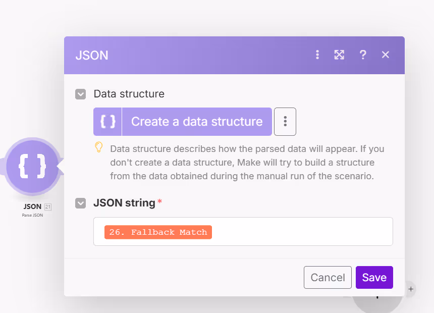 Purple JSON setup window showing 