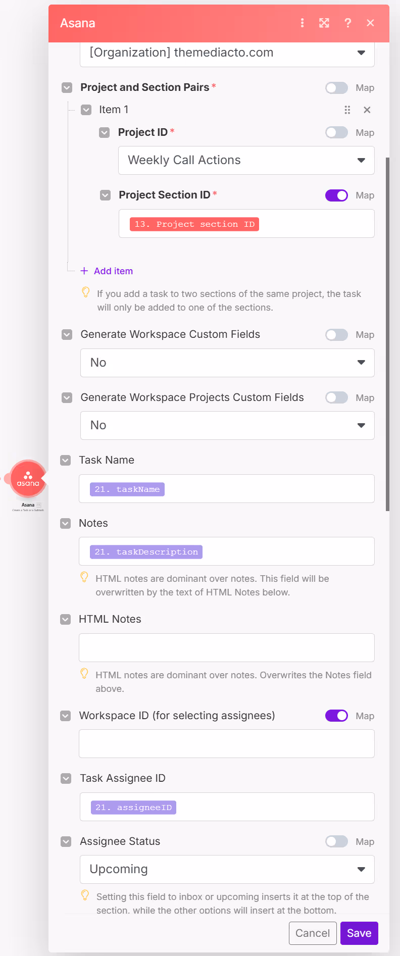 Asana plugin interface shows project sections, task details, and mapping options. Text includes 