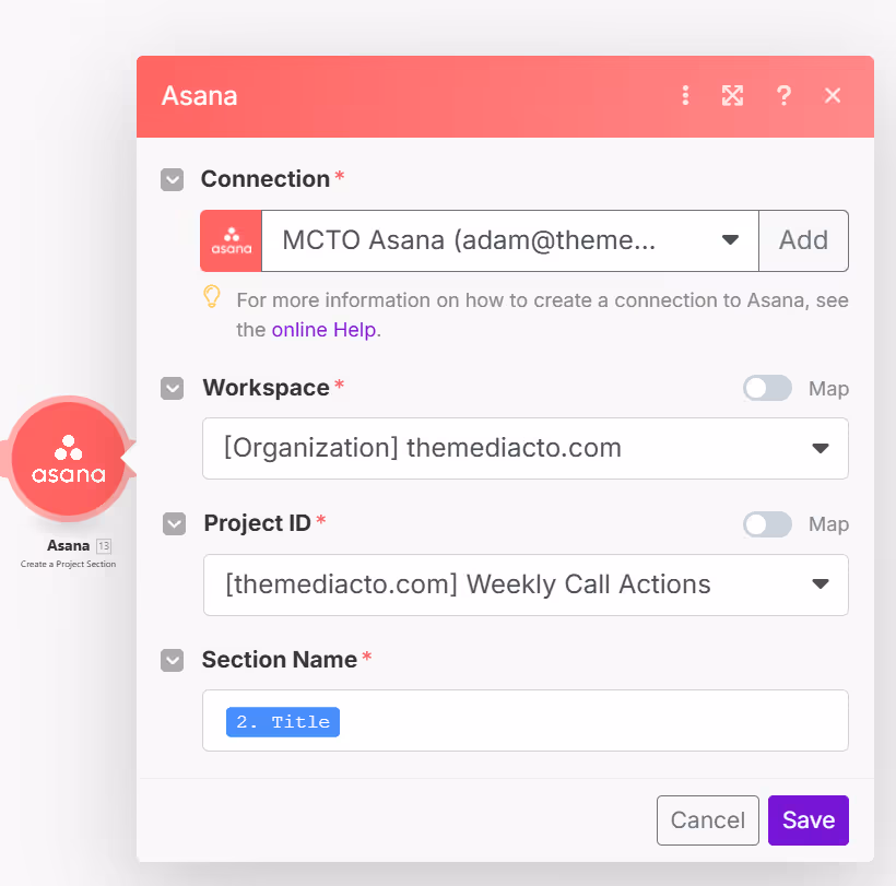 Asana integration setup screen with options for connection, workspace, and project ID. Red banner at top, purple 