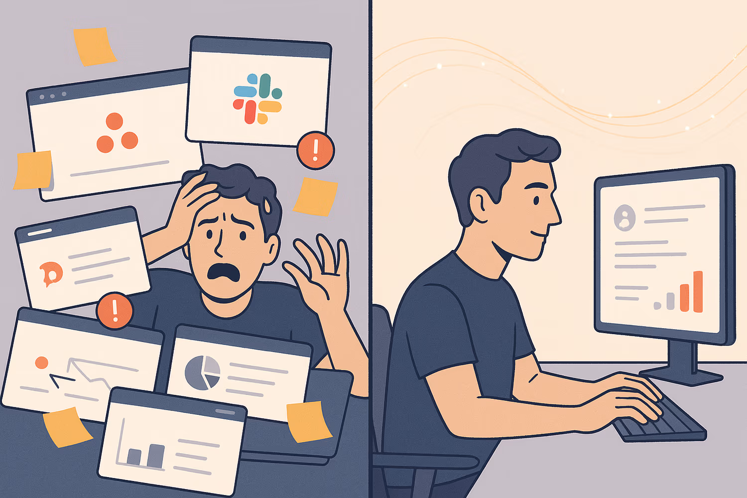 Stressed user drowning in app notifications contrasted with calm user using a single dashboard.