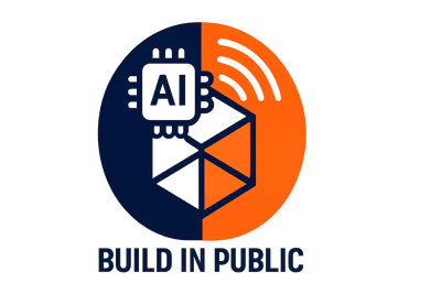 Split circle showing AI chip, network nodes, and cube with “BUILD IN PUBLIC” text below