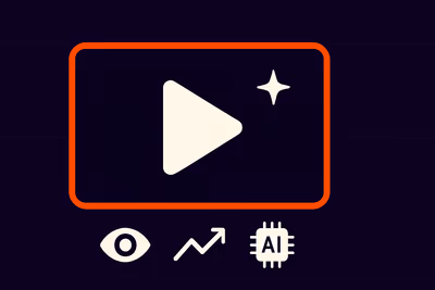 Video frame outline with play icon, sparkle, and icons for views, growth, and AI