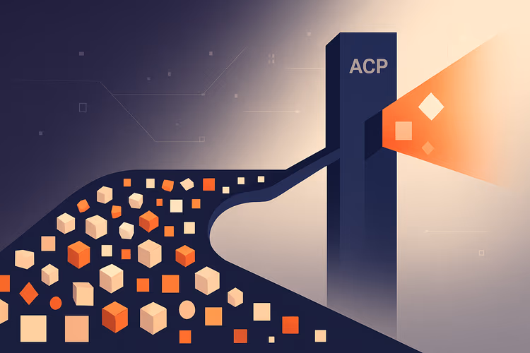Machine labeled ACP funnels many varied colored cubes into a few orange output shapes.