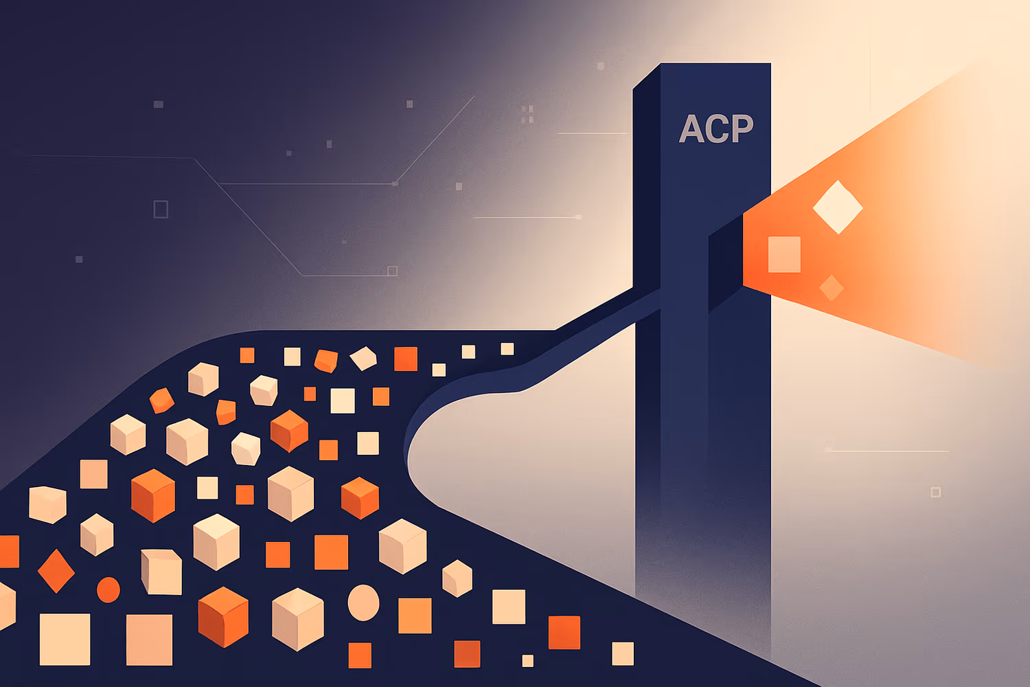 Machine labeled ACP funnels many varied colored cubes into a few orange output shapes.