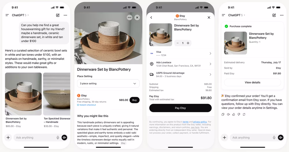 AI assistant suggesting and ordering a handmade tan and white ceramic dinnerware set from Etsy.