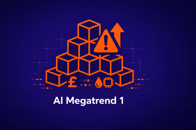 Orange block stacks under a warning symbol and upward arrow representing increasing AI-related costs.