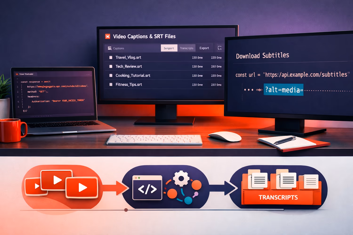 Workstation screens showing SRT caption files, subtitle download code, and a transcript workflow diagram.