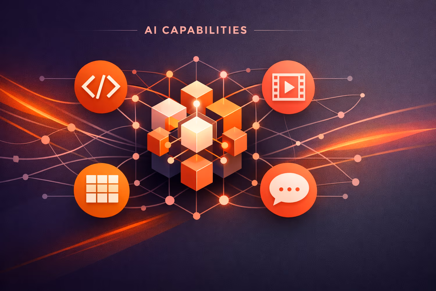3D networked cubes with code, video, grid, and chat icons under AI CAPABILITIES
