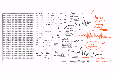 Hand-drawn sketches showing repetitive engagement-optimized text disrupted by scribbles and personalized commentary.