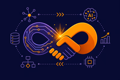 Infinity-shaped handshake with purple circuitry merging into orange loop, surrounded by AI and data icons.