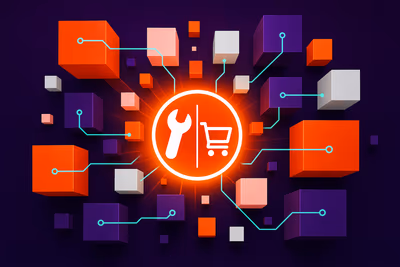 Central wrench-and-cart icon surrounded by networked orange, purple, and white cubes.