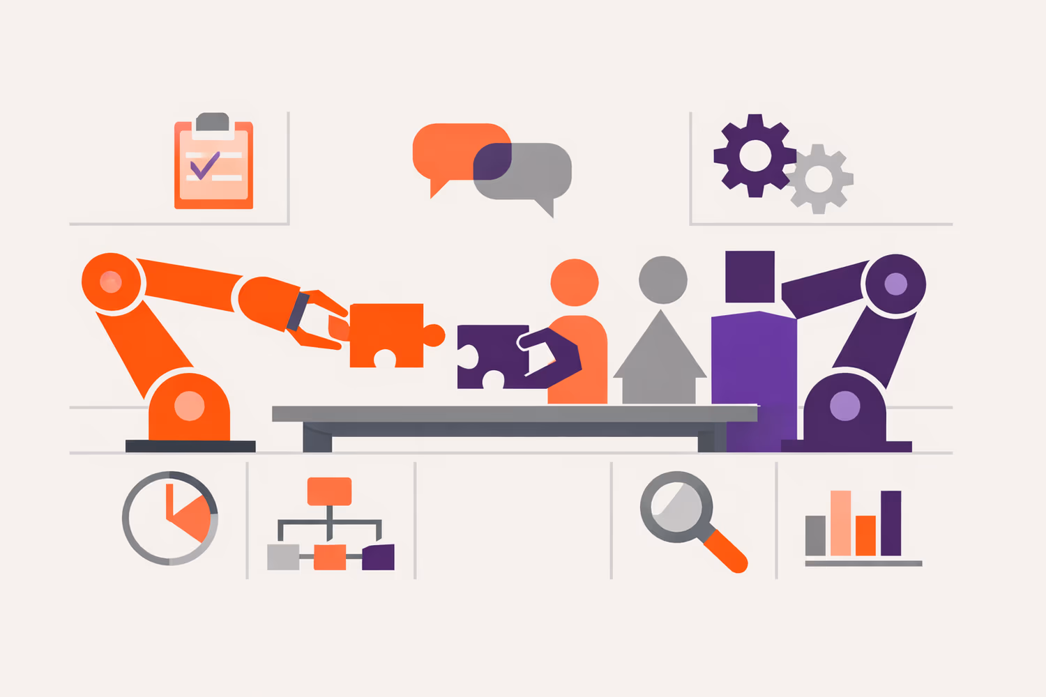 Robotic arms and people assembling puzzle pieces on a conveyor with workflow icons.