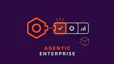 Orange hexagon shape connected by dots to three adjacent panels displaying a highlighted checkmark, a gear icon, and a bar chart, with the text “Agentic Enterprise” beneath
