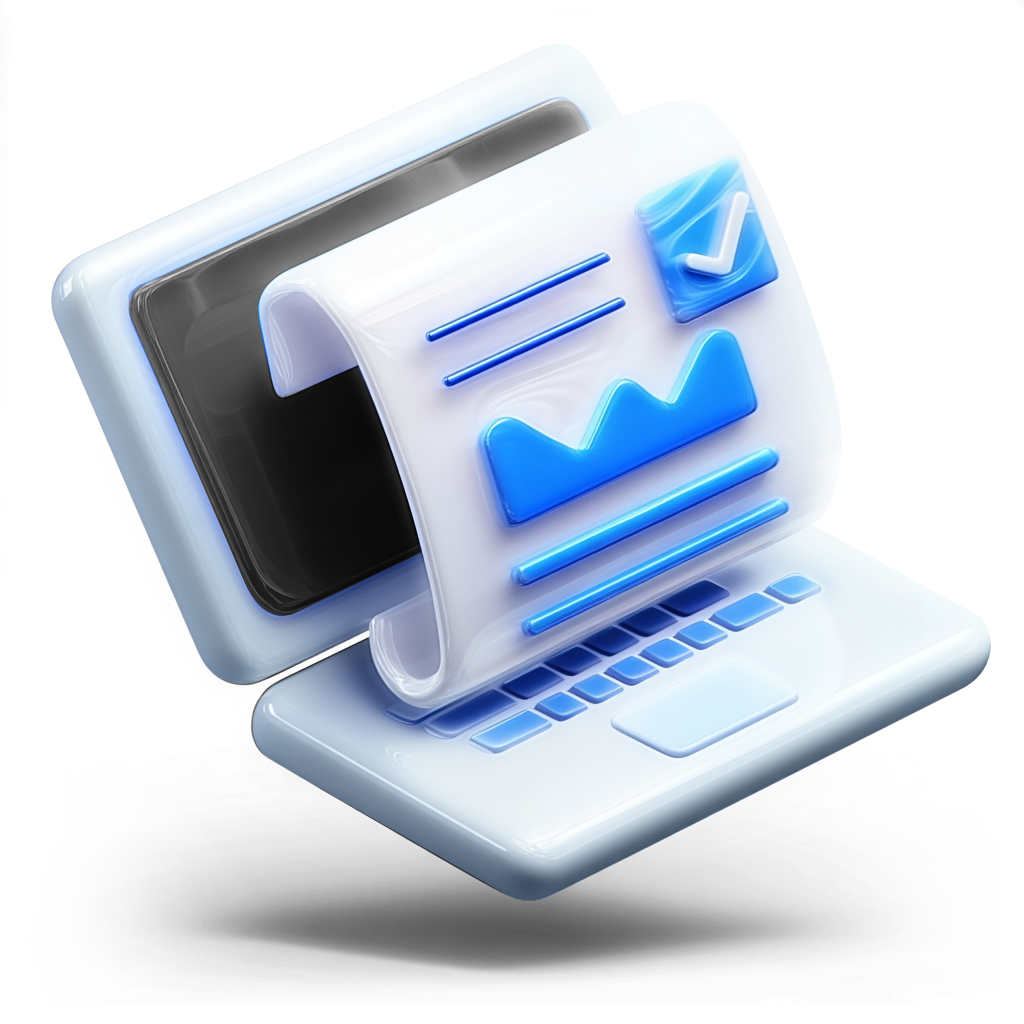 Stylized laptop with a digital document showing a chart and a checkmark on the screen.