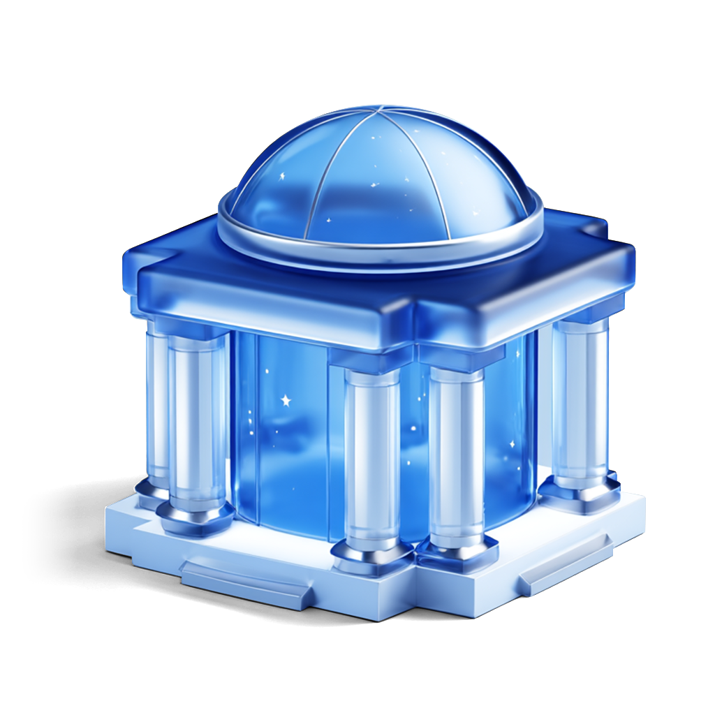 3D blue glass building with classical columns and a dome roof featuring star-like sparkles.