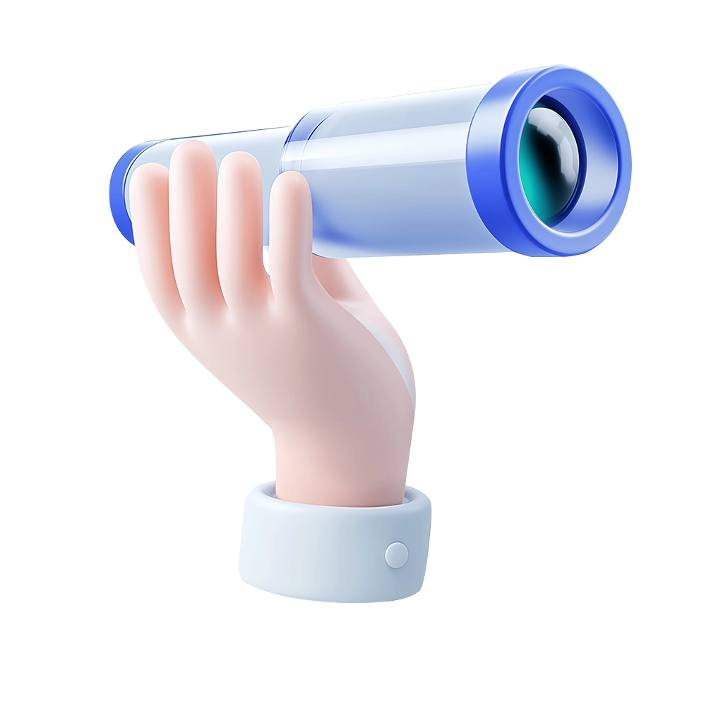 3D illustration of a hand holding a blue and transparent telescope up to the eye.