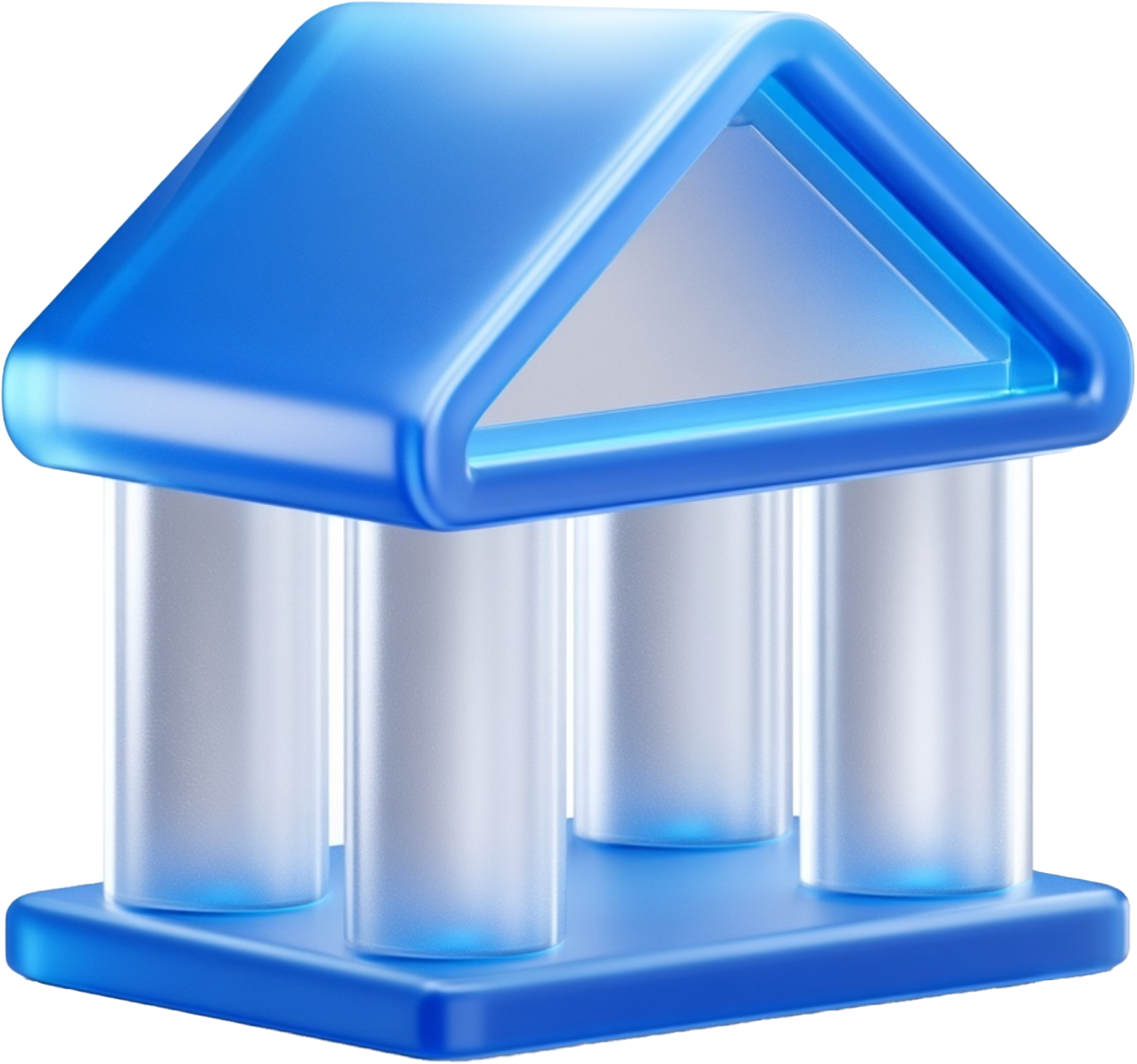 Blue and transparent 3D icon of a classical government building with four pillars and a triangular roof.