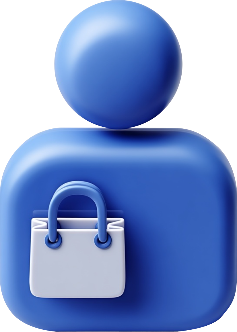 Blue rounded square figure with a circular head holding a white shopping bag icon on its chest.