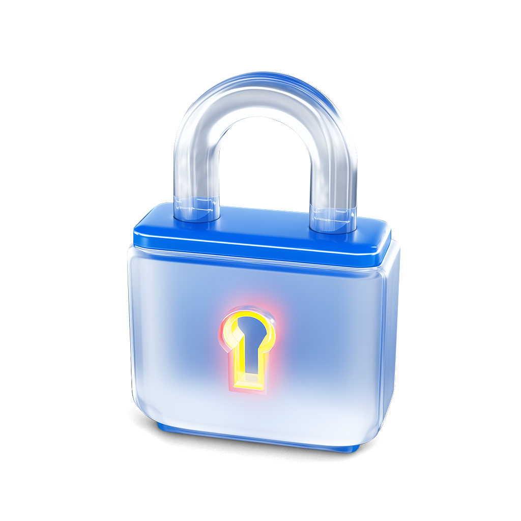 3D illustration of a blue translucent padlock with a glowing yellow keyhole.