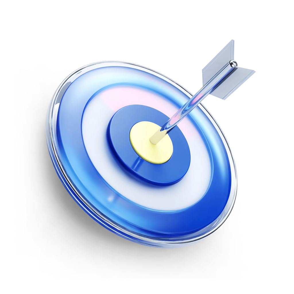 Blue and white target with a yellow center and a silver arrow hitting the bullseye.
