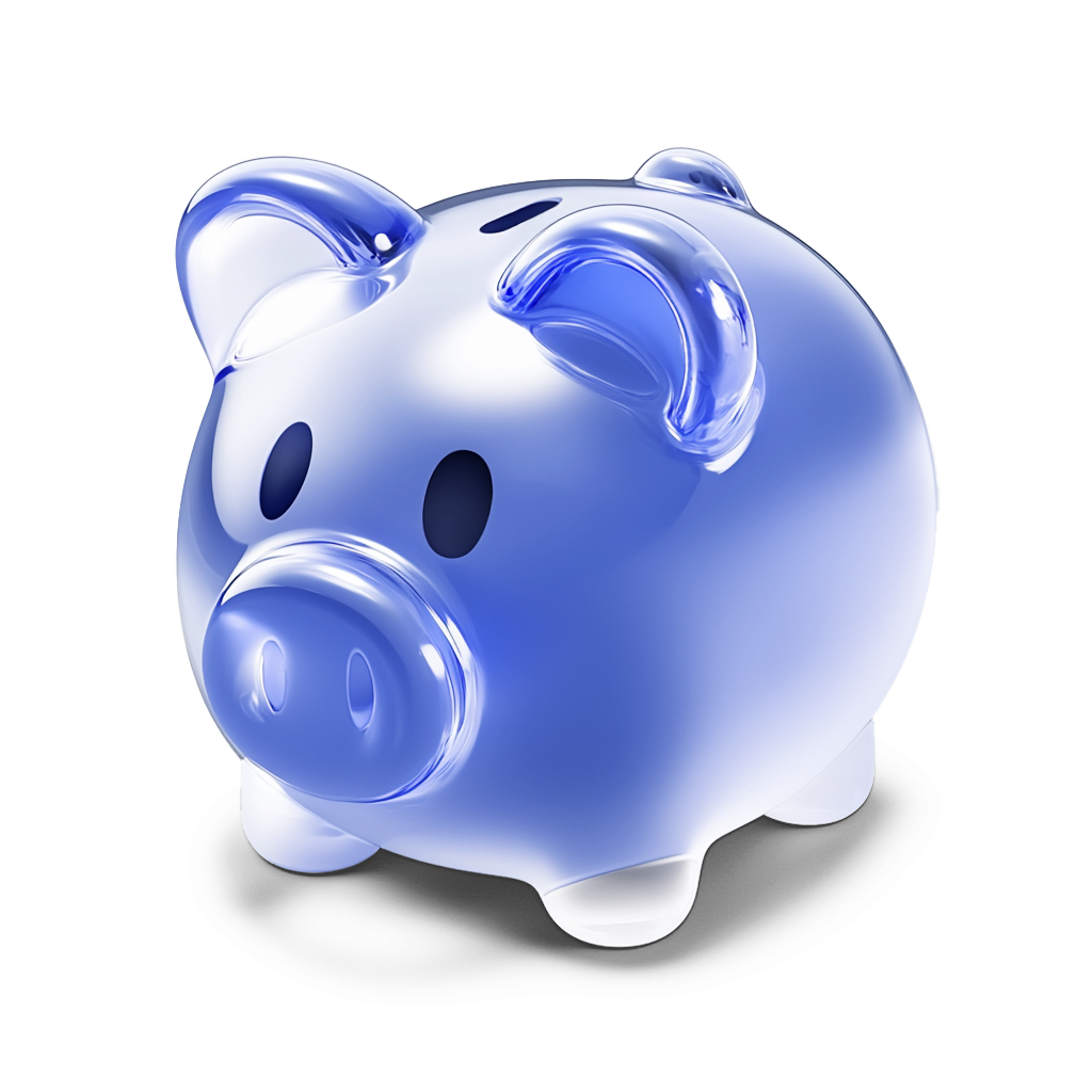 Blue translucent piggy bank with a coin slot on top casting a shadow underneath.