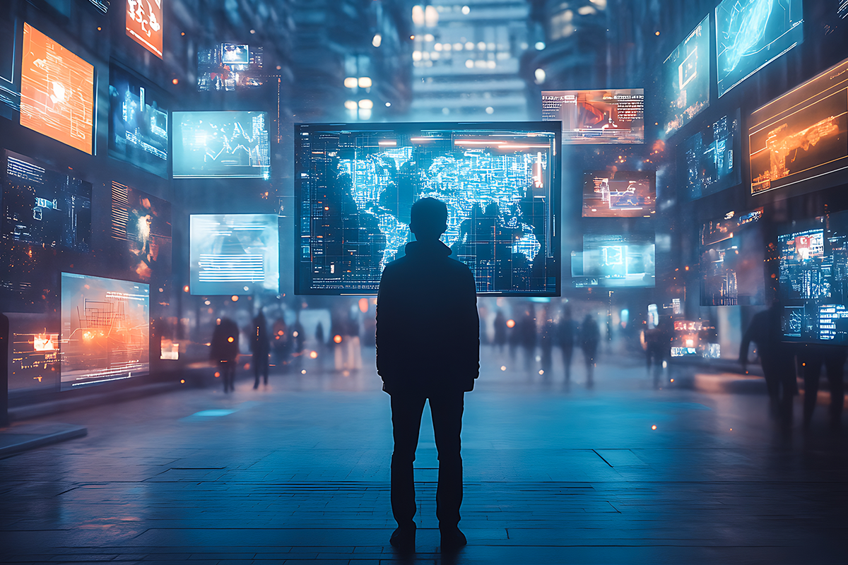 a man looking at a neon electronic display